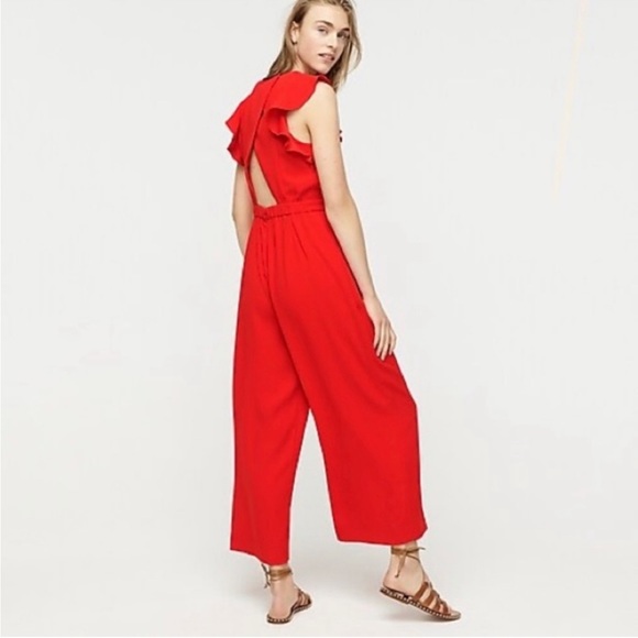 J. Crew | NWOT ✨ Bright Red Crepe 365 Sleeveless Ruffle Wide Leg Jumpsuit - Picture 4 of 13